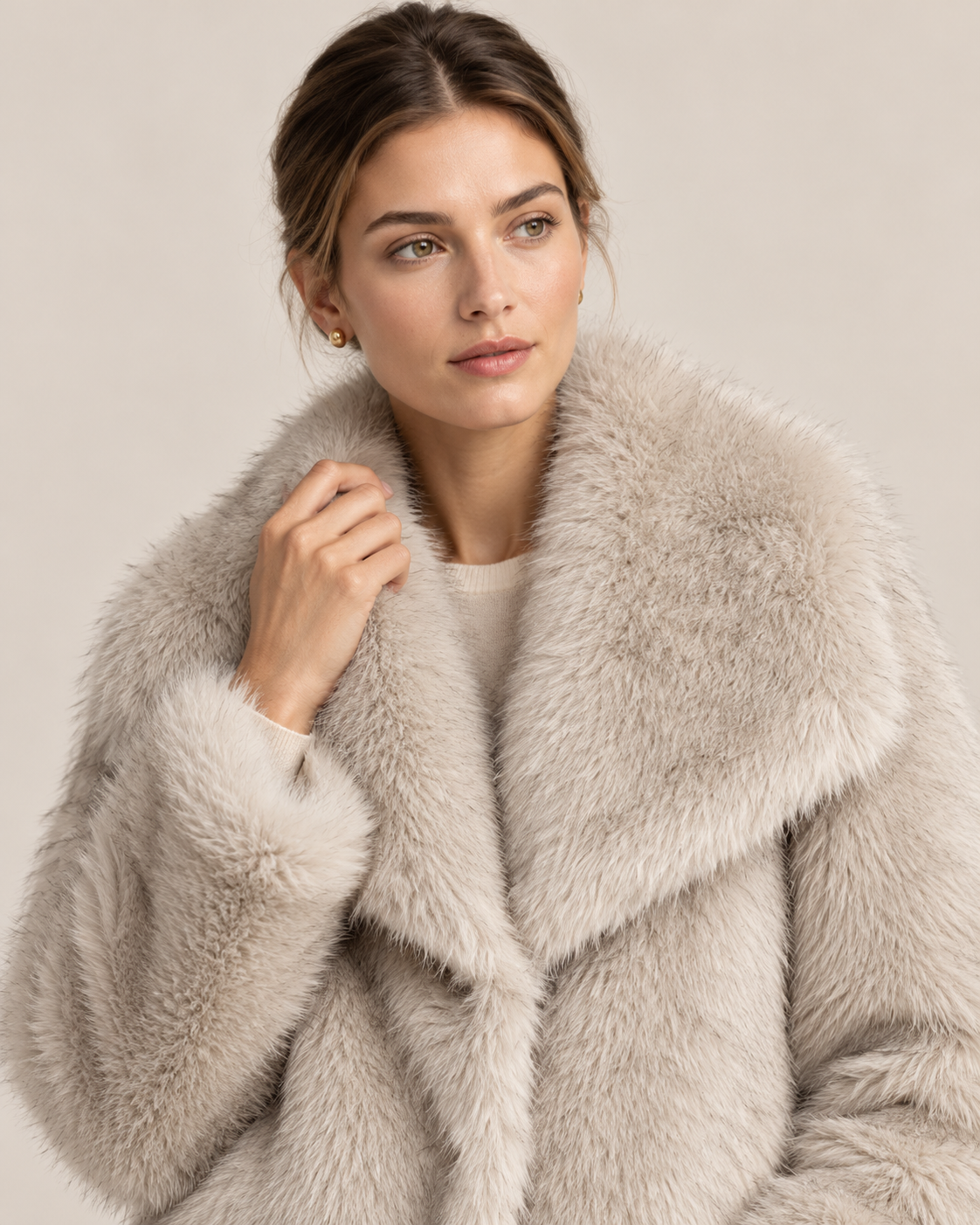 Veste Mira, veste courte en fausse fourrure beige pour femme, photo 3