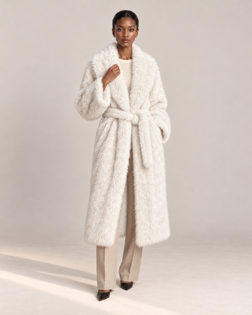 Manteau Cassiopée, manteau long en fausse fourrure blanche pour femme, photo 1