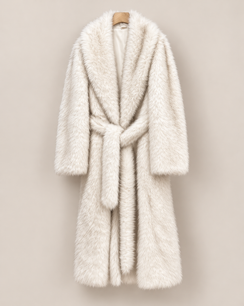 Manteau Cassiopée, manteau long en fausse fourrure blanche pour femme, photo 2