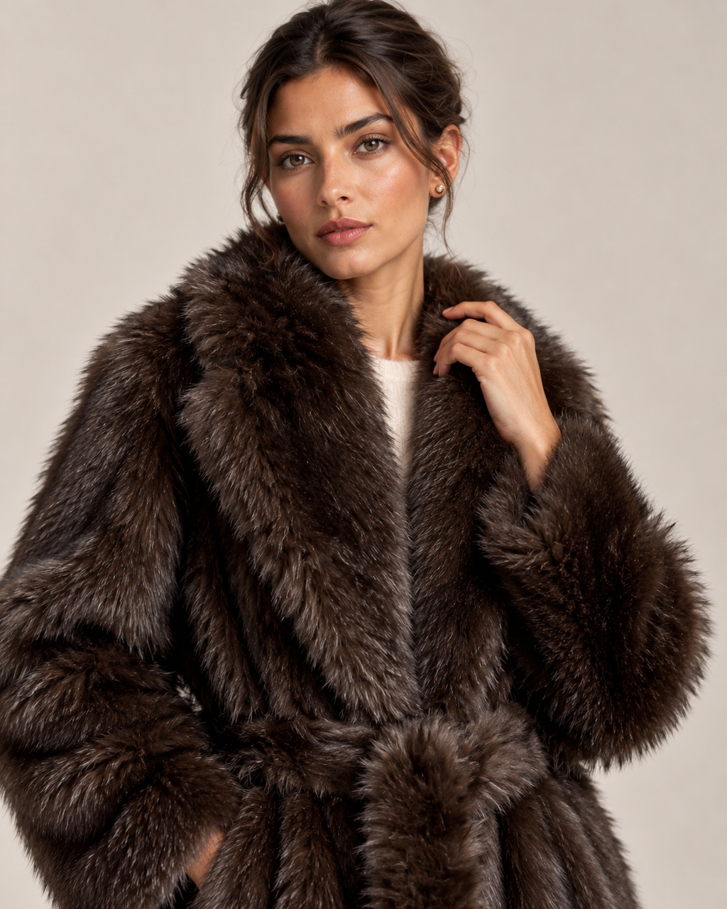 Manteau Orion, manteau long en fausse fourrure marron pour femme, photo 3