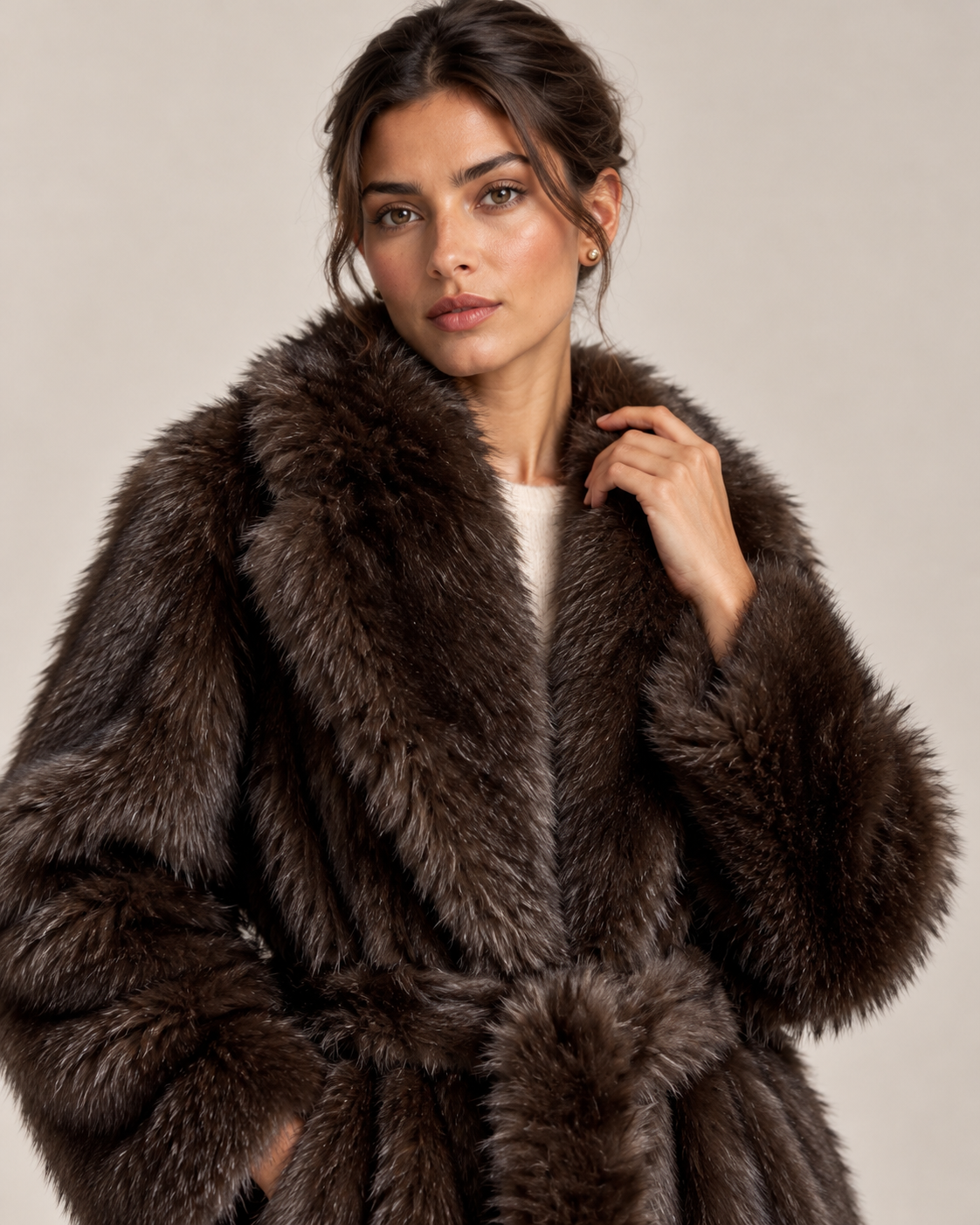 Manteau Orion, manteau long en fausse fourrure marron pour femme, photo 3