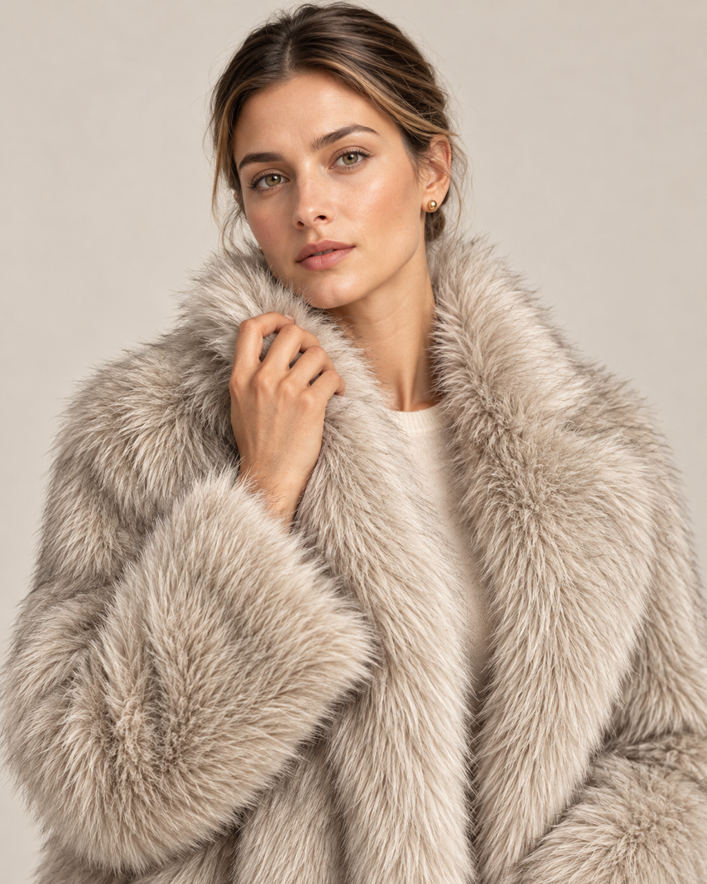 Portrait éditorial en manteau long en fausse fourrure Andromède